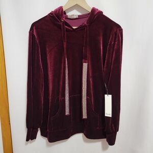 fyve Burgundy Velvet Hoodie with Rhinestone Accents, Size XL, New